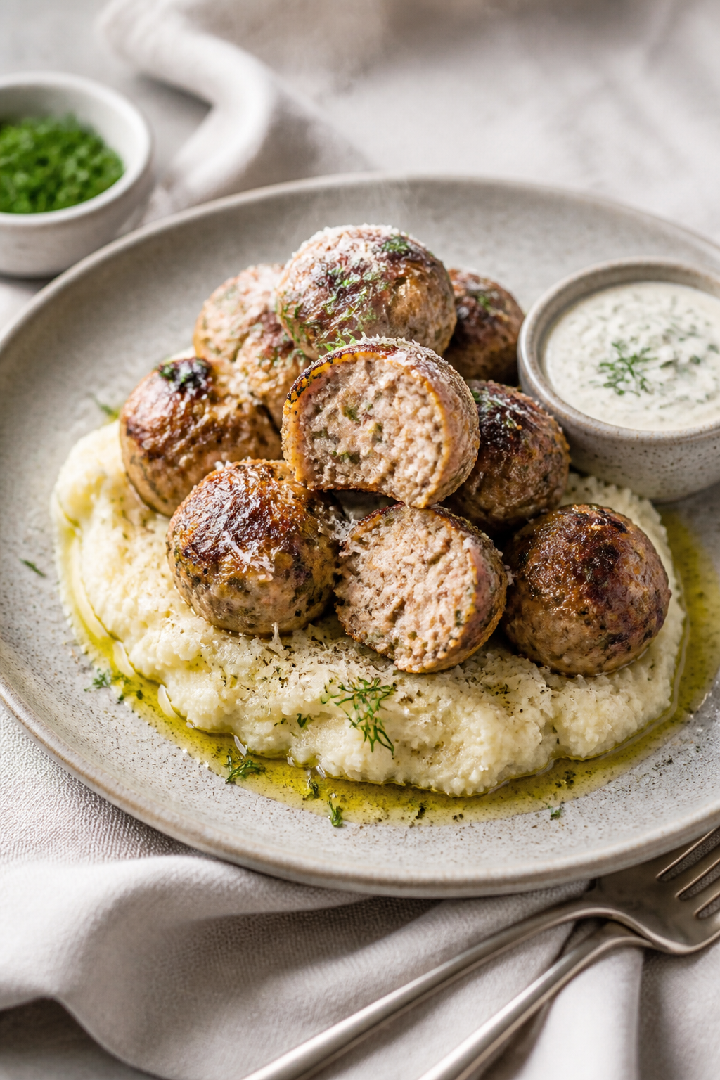 Final dish presentation: Restaurant-quality plate of keto turkey bacon ranch meatballs piled over bu
