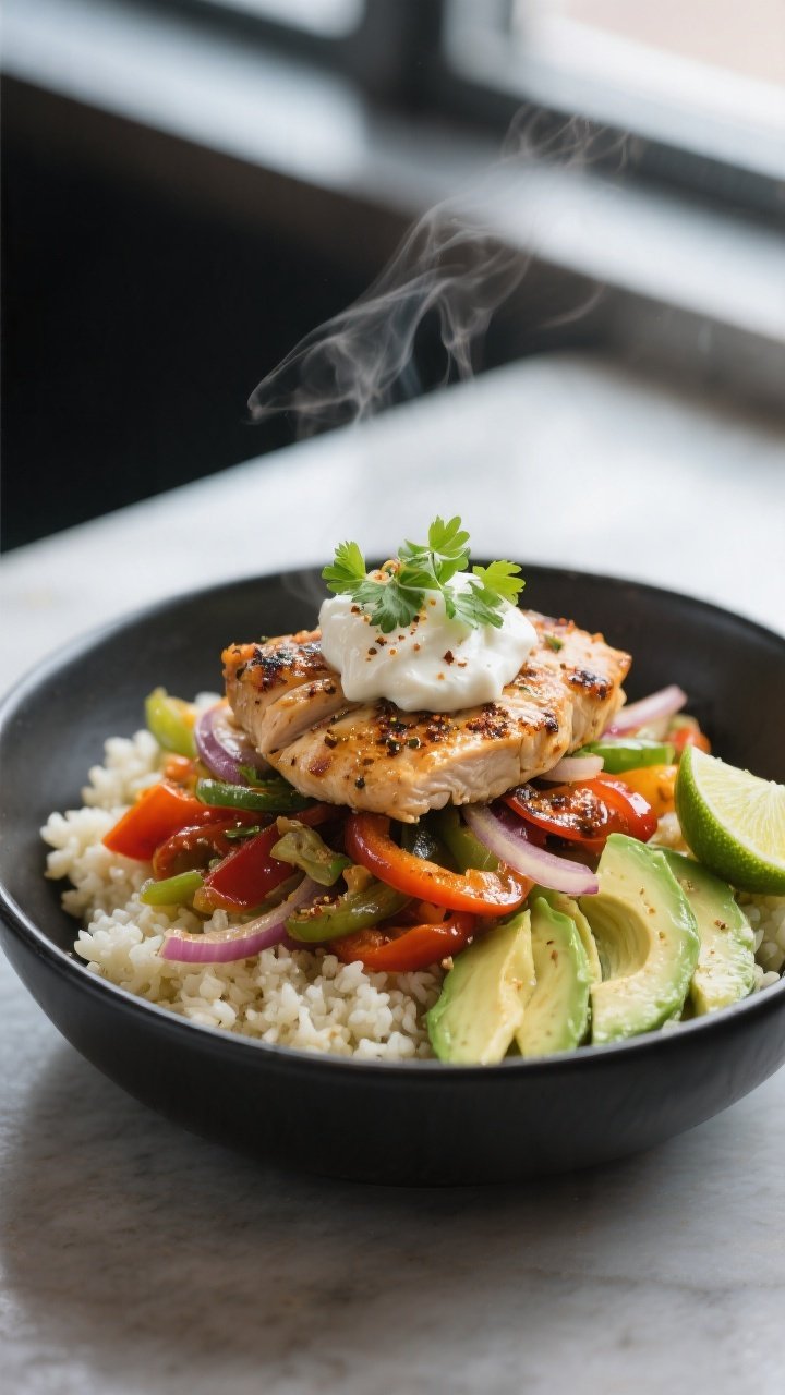 Final dish presentation: Restaurant-quality plated keto chicken fajita bowl in a shallow matte-black