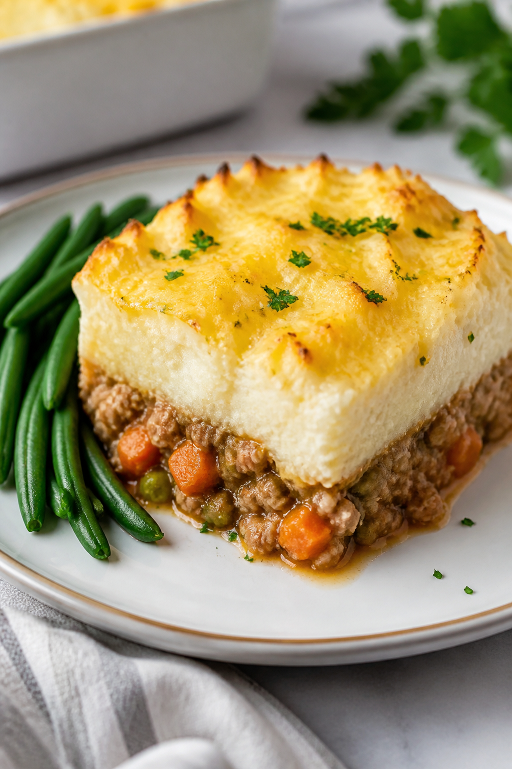 Final dish presentation: Restaurant-quality plated serving of Keto Ground Turkey Shepherd’s Pie on