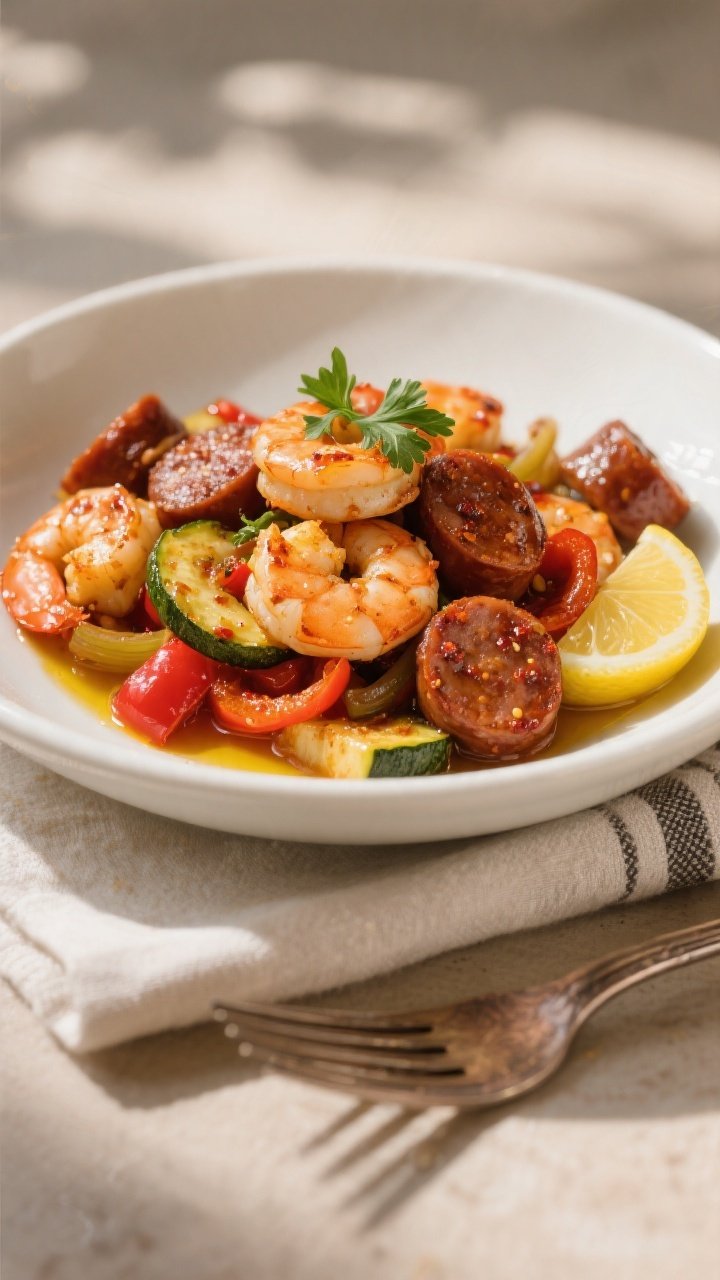Final dish presentation: Restaurant-quality plated Keto Cajun Shrimp & Sausage in a wide, shallow wh