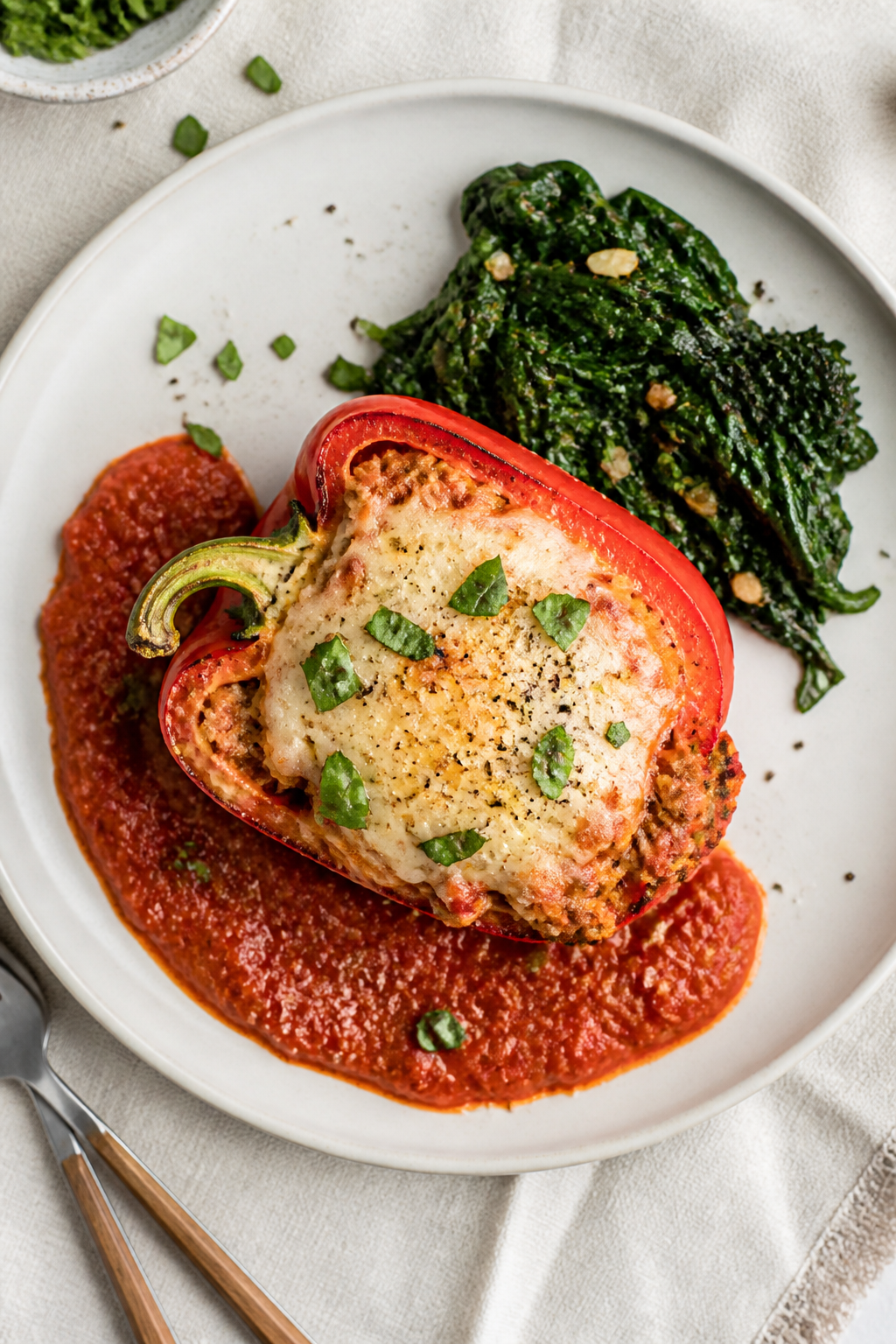 Final dish presentation: Restaurant-quality plated Keto Turkey Parmesan Stuffed Pepper on a matte wh