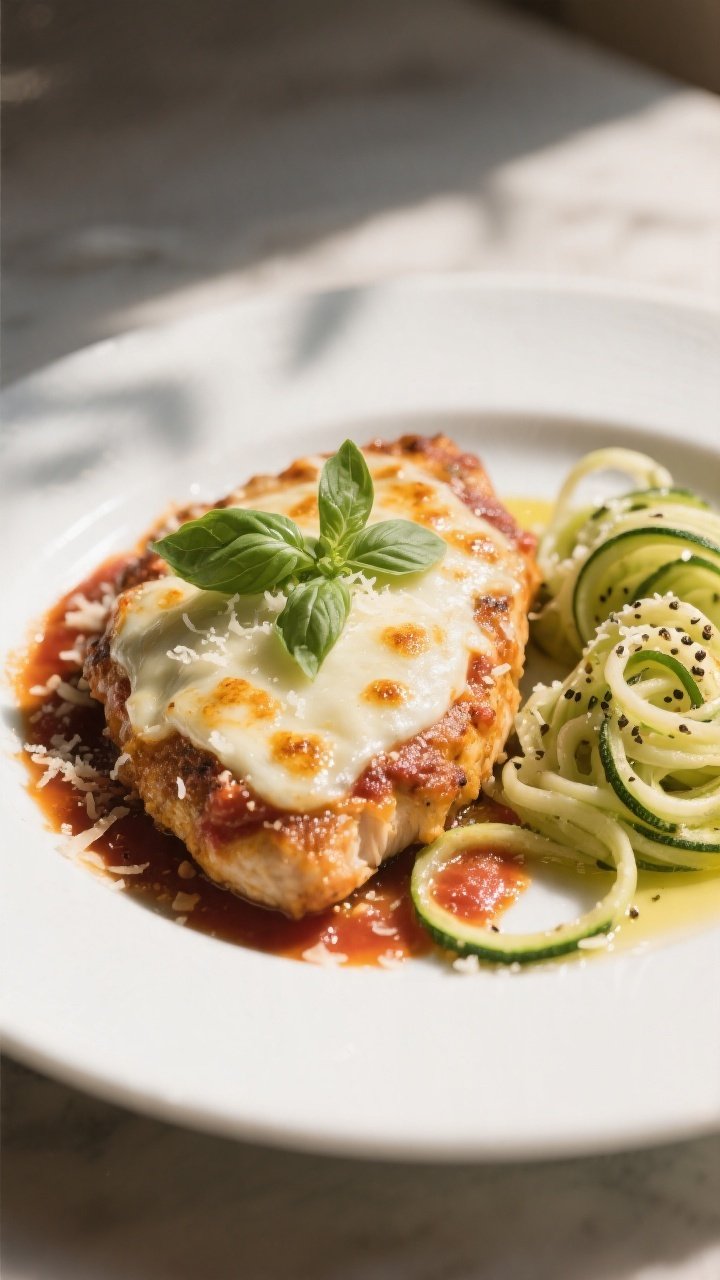 Final dish presentation: Restaurant-quality plated Keto Chicken Parmesan on a white ceramic plate—