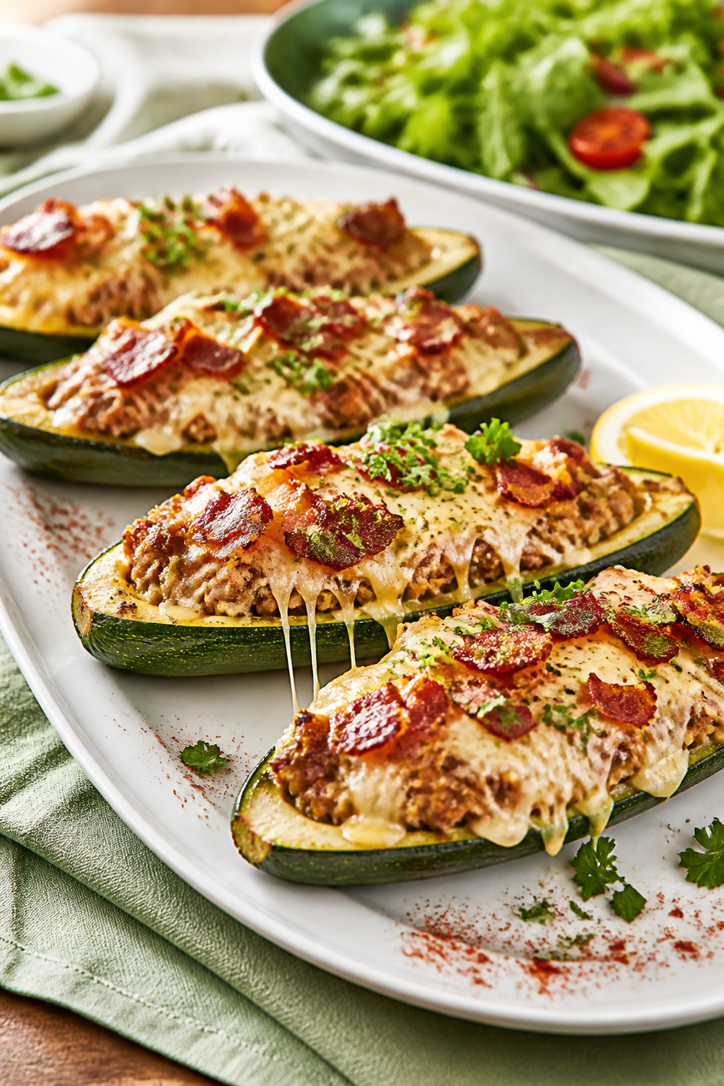 Final dish presentation: Restaurant-quality plated Ground Turkey Bacon Ranch Zucchini Boats arranged