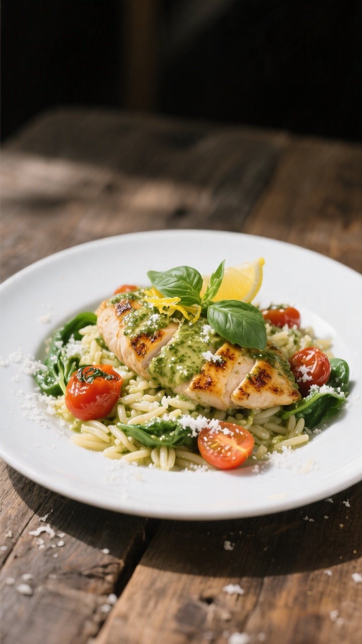 Final dish presentation: Restaurant-quality plated creamy pesto chicken served over orzo, sauce luxu