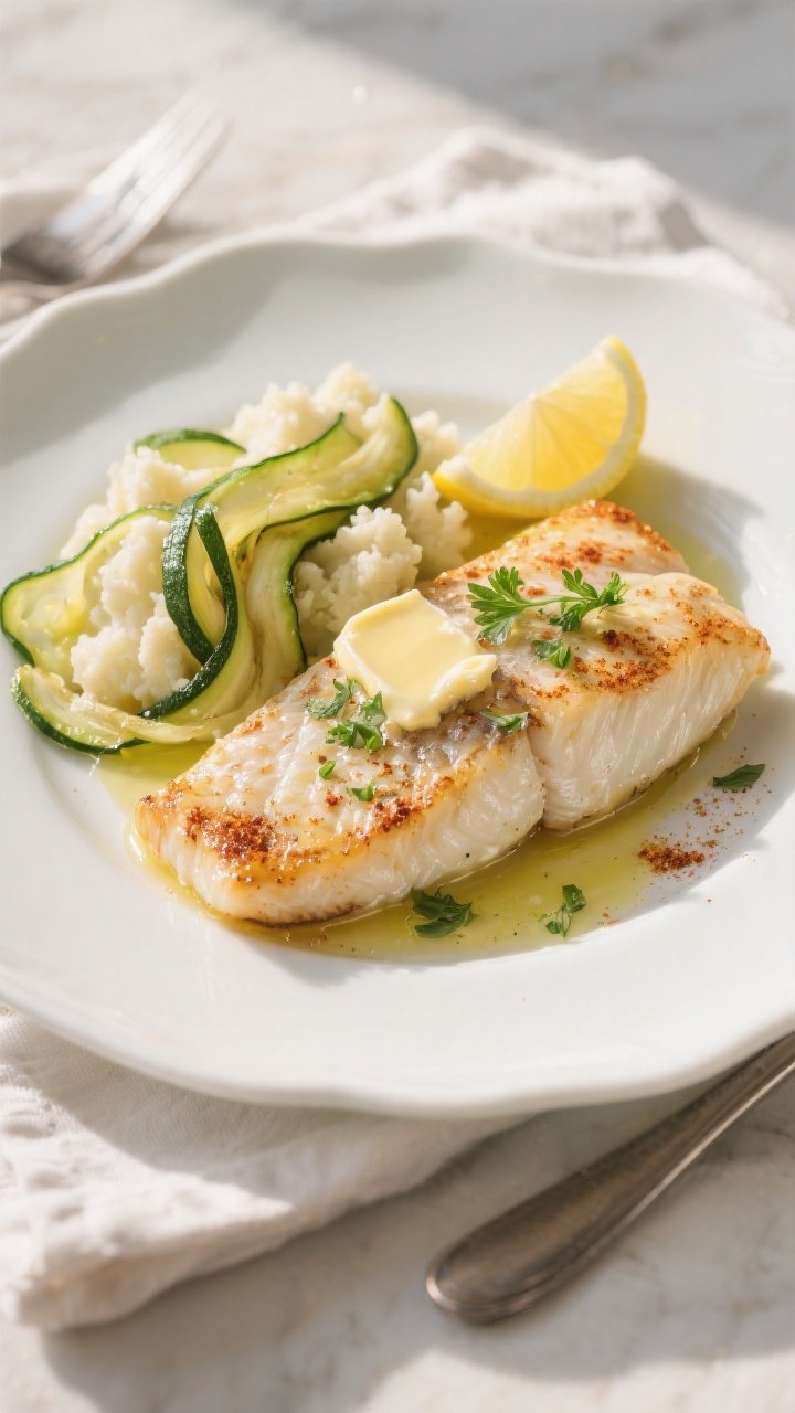 Final dish presentation: Restaurant-quality plated Keto Garlic Butter Tilapia on a white ceramic pla