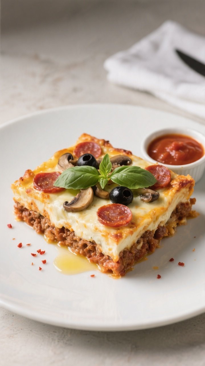 Final dish presentation: Restaurant-quality plated square of Million Dollar Keto Pizza Casserole on 