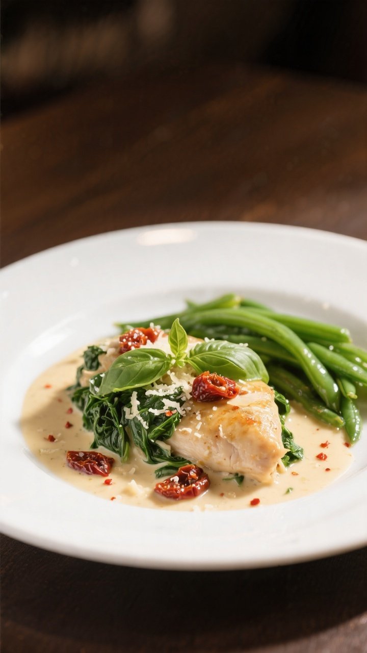 Final dish presentation: Restaurant-quality plated Creamy Tuscan Chicken on a wide white plate, sauc