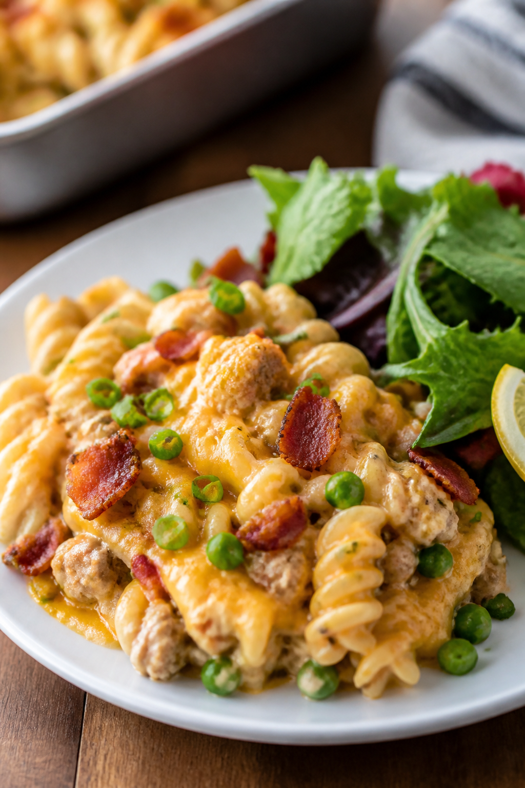 Final dish presentation: Restaurant-quality plated serving of Ground Turkey Bacon Ranch Bake on a wh