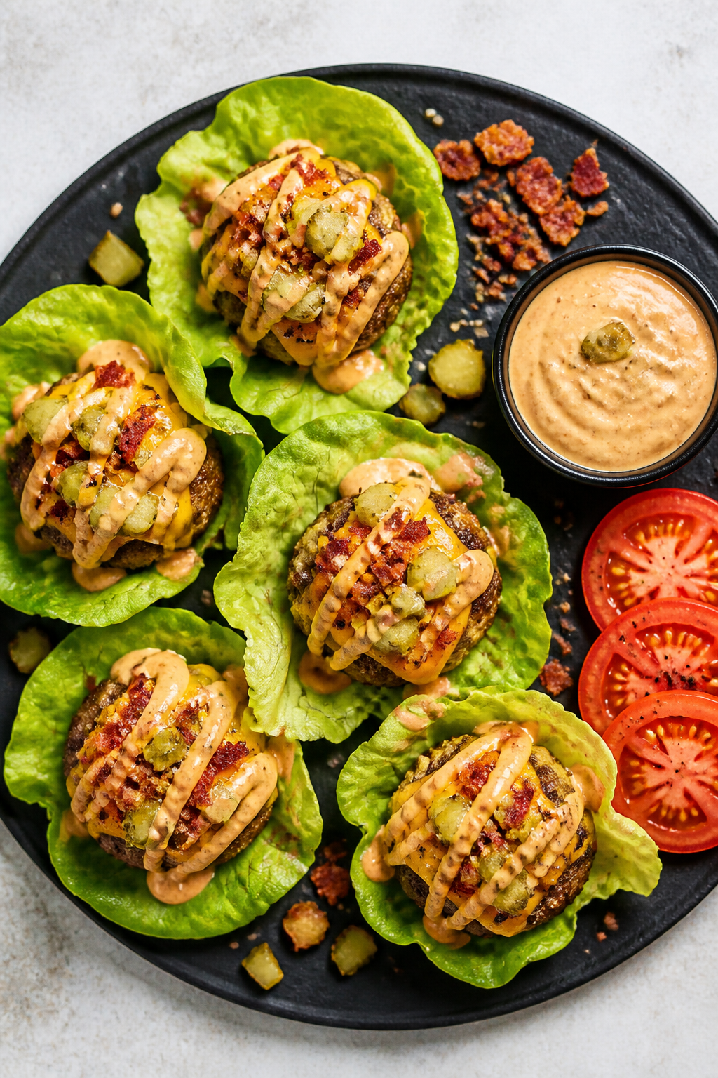 Final dish presentation: Restaurant-quality plating of Keto Loaded Cheeseburger Meatballs arranged i