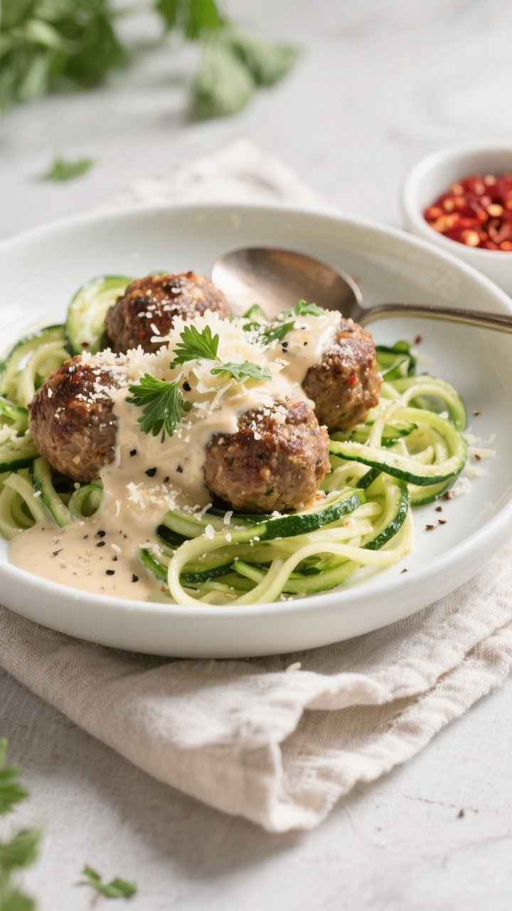 Final dish presentation: Restaurant-quality plating of Keto Garlic Parmesan Meatballs over lightly s