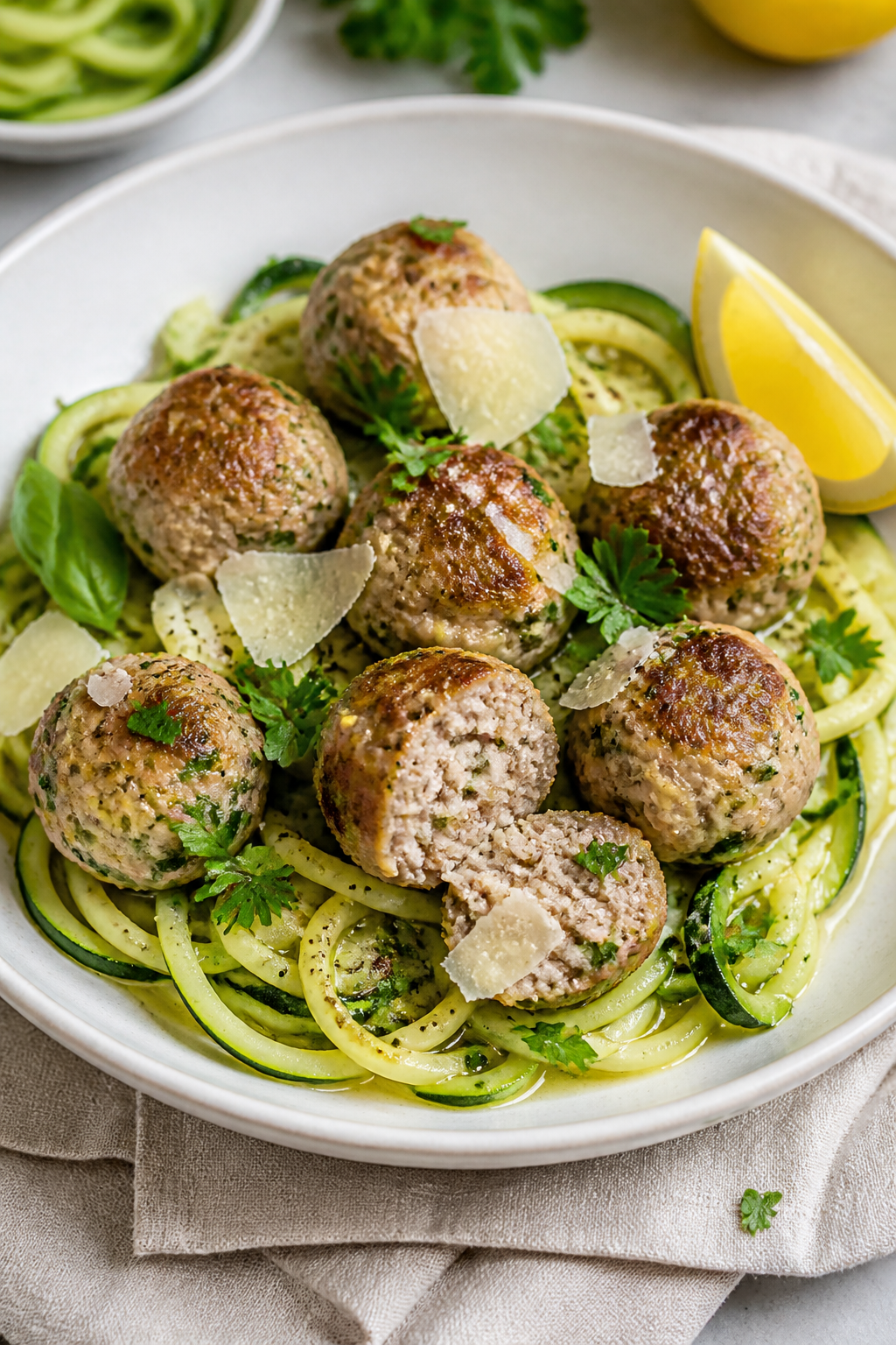 Final dish presentation: Restaurant-quality plating of keto garlic herb turkey meatballs nestled ove