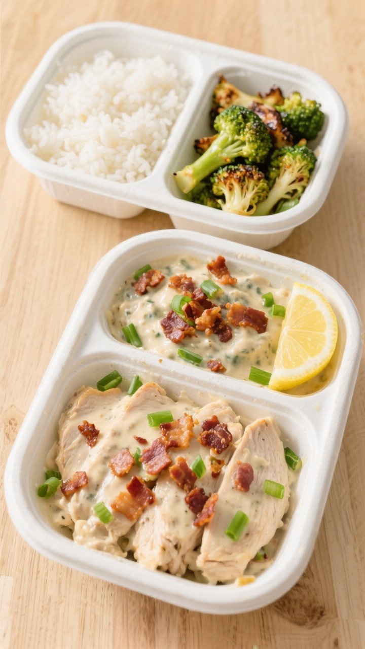 Final dish presentation: Tasty top view of meal-prep containers neatly arranged—one quadrant of fl