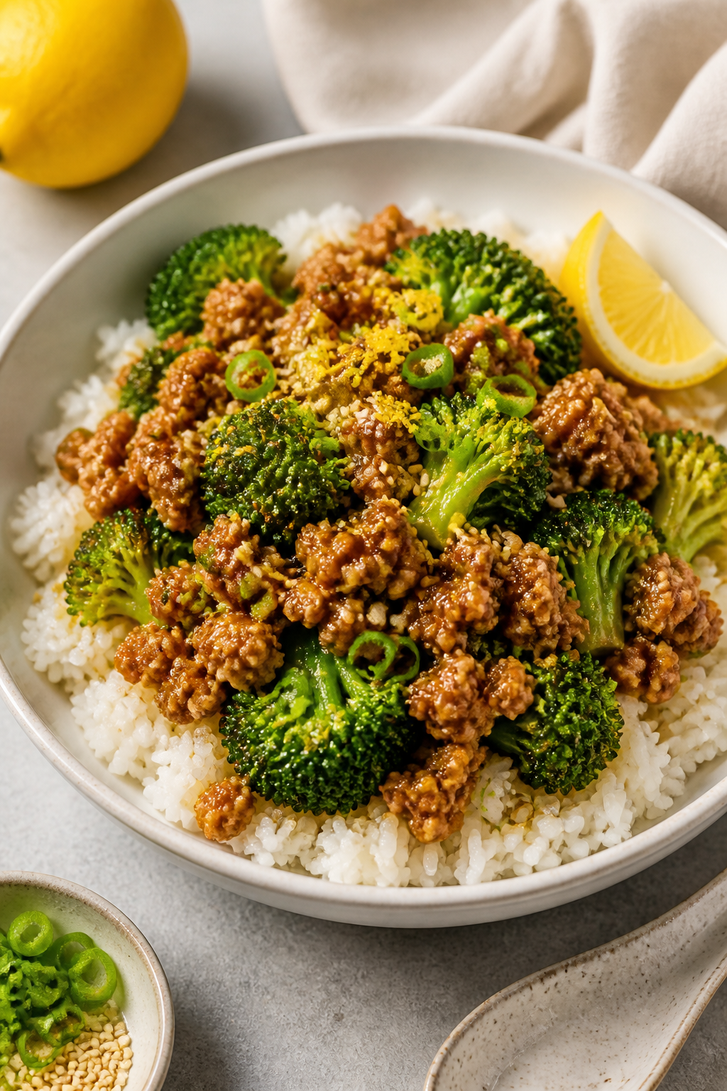 Final dish, restaurant-quality plating: Garlic Butter Ground Turkey & Broccoli Bowl arranged over fl