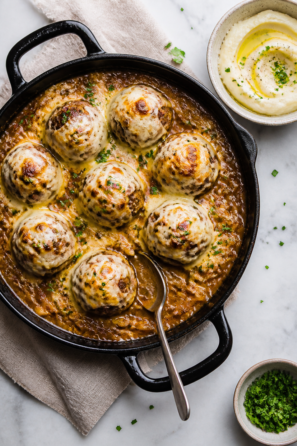 Final dish top view: Finished Keto French Onion Meatballs blanketed with fully melted, lightly blist
