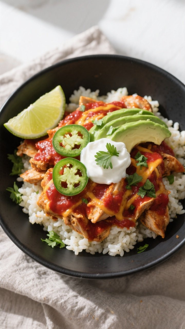 Final dish, top view: Overhead shot of Keto Chicken Enchilada Bowls assembled—bed of cauliflower r