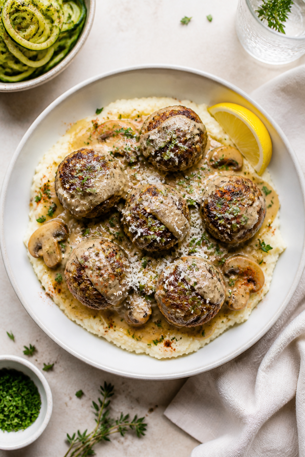 Final dish top view — Overhead shot of Keto Garlic Mushroom Meatballs plated over cauliflower mash