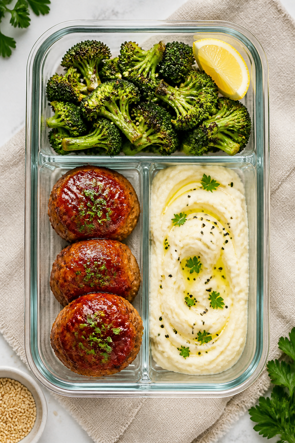 Final dish top view: Overhead shot of three keto turkey meatloaf muffins plated for meal prep in a d