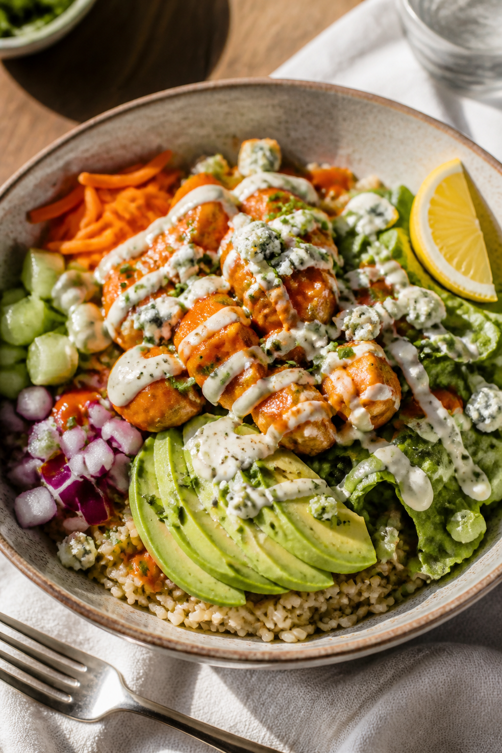 Final plated beauty: Buffalo Ranch Bowl fully assembled in a wide, shallow ceramic bowl—base of wa