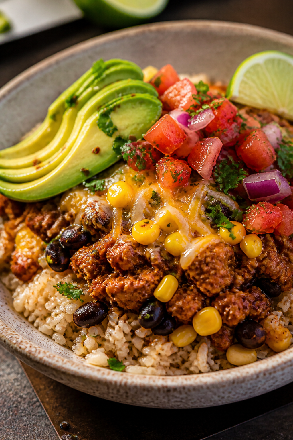 Final plated beauty shot: Close-up portrait of a single loaded taco bowl with emphasis on texture—