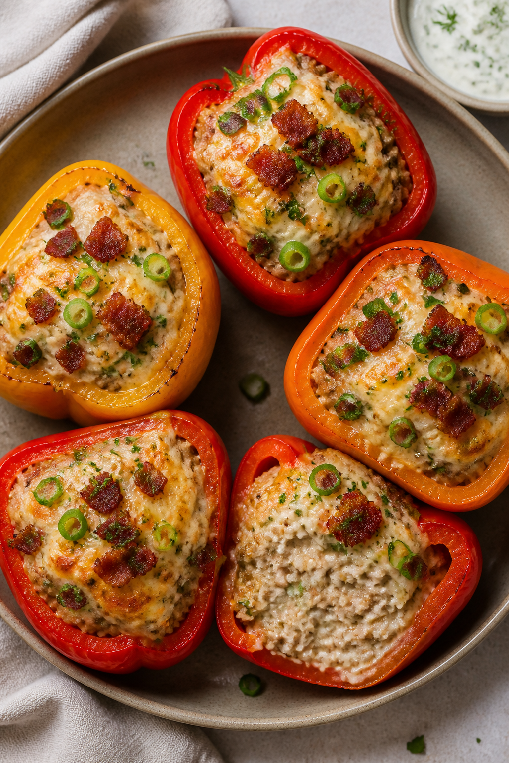 Final plated beauty shot: Finished Ground Turkey Bacon Ranch Stuffed Peppers served on a matte stone