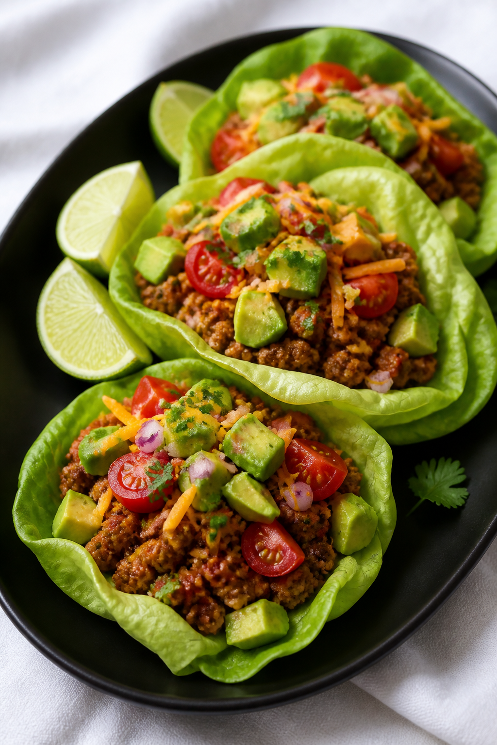Final plated beauty shot: Keto turkey taco lettuce wraps assembled in tender butter lettuce cups on