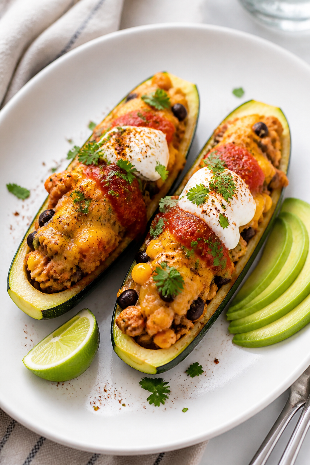 Final plated beauty shot: One or two Ground Turkey Taco Stuffed Zucchini boats arranged on a matte w