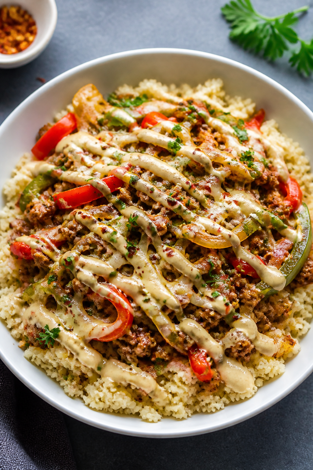 Final plated bowl: Beautifully composed Keto Ground Turkey Philly Bowl served over fluffy cauliflowe