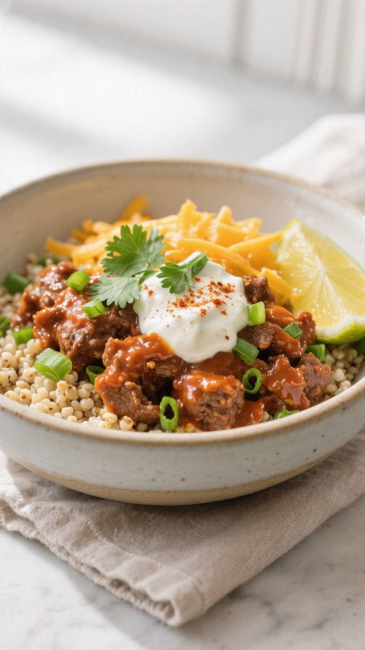 Final plated bowl, : Beautifully plated buffalo ranch ground beef bowl on a shallow ceramic bowl wit