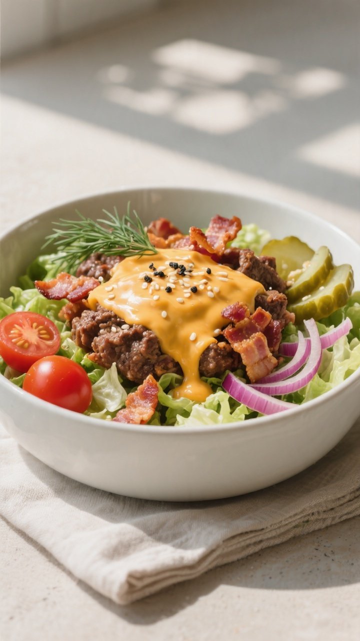 Final plated bowl beauty: Keto Bacon Cheeseburger Bowl artfully assembled in a matte white shallow b