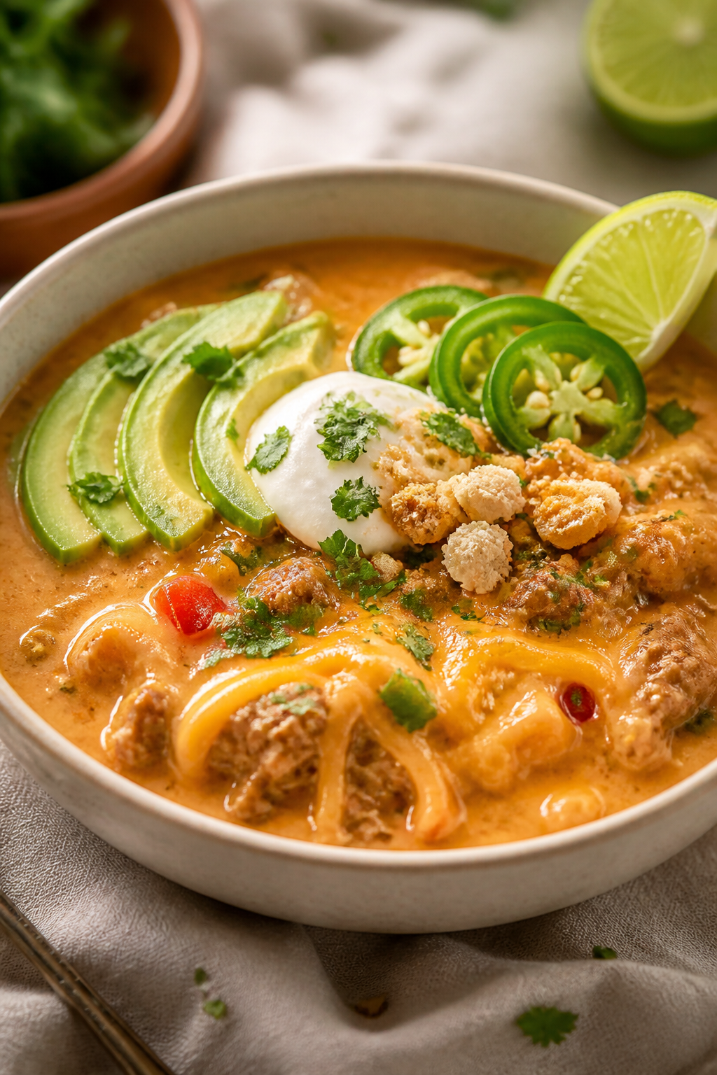 Final plated bowl beauty: Keto turkey cheesy taco soup served in an off-white ceramic bowl, ultra-cr