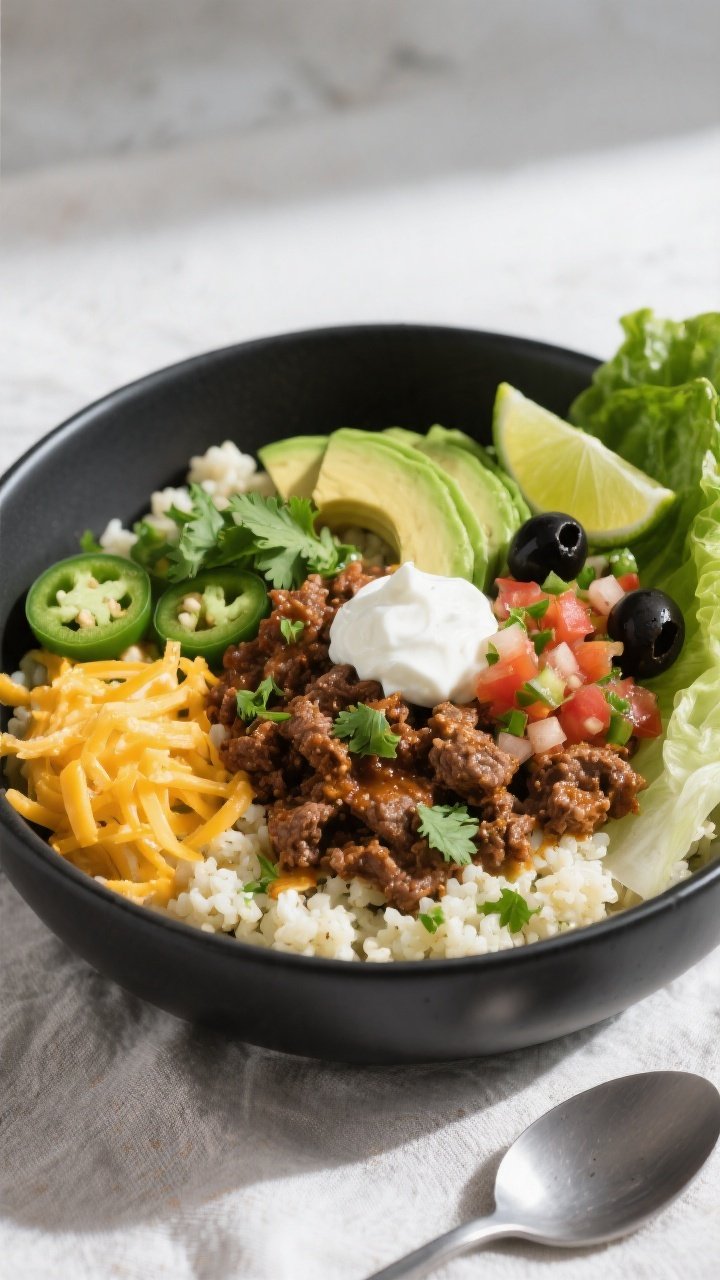 Final plated bowl beauty shot: Keto Ground Beef Burrito Bowl artfully assembled in a matte black bow