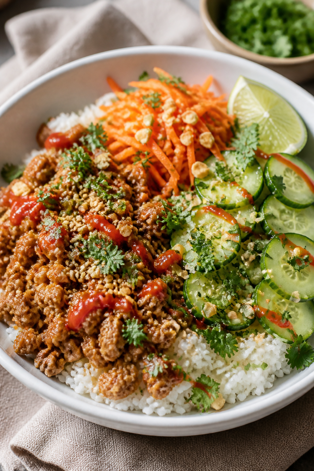 Final plated bowl beauty: Spicy Sriracha Ground Turkey Bowl assembled over fluffy jasmine rice in a 