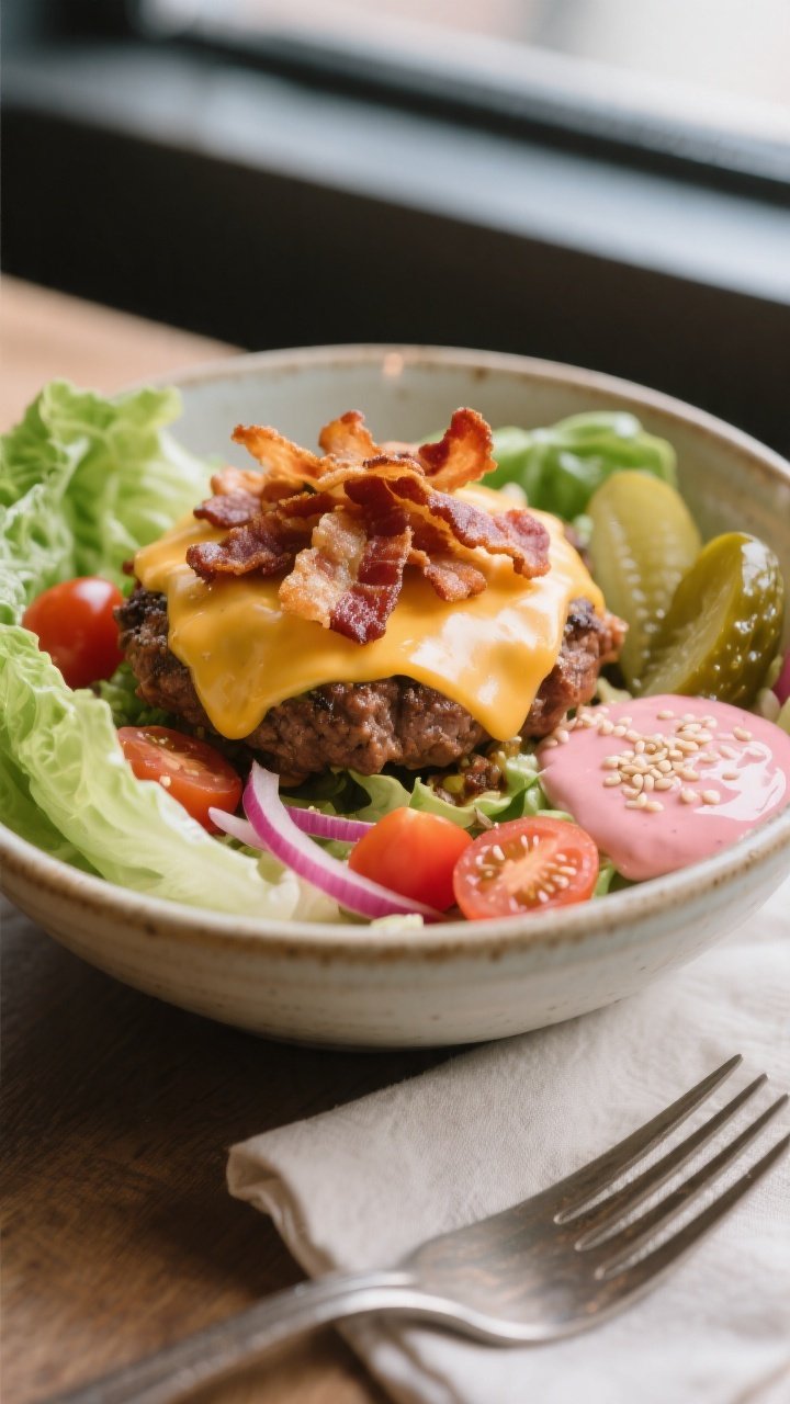 Final plated bowl glamour shot: Beautifully assembled bacon cheeseburger lettuce bowl in a wide, sha