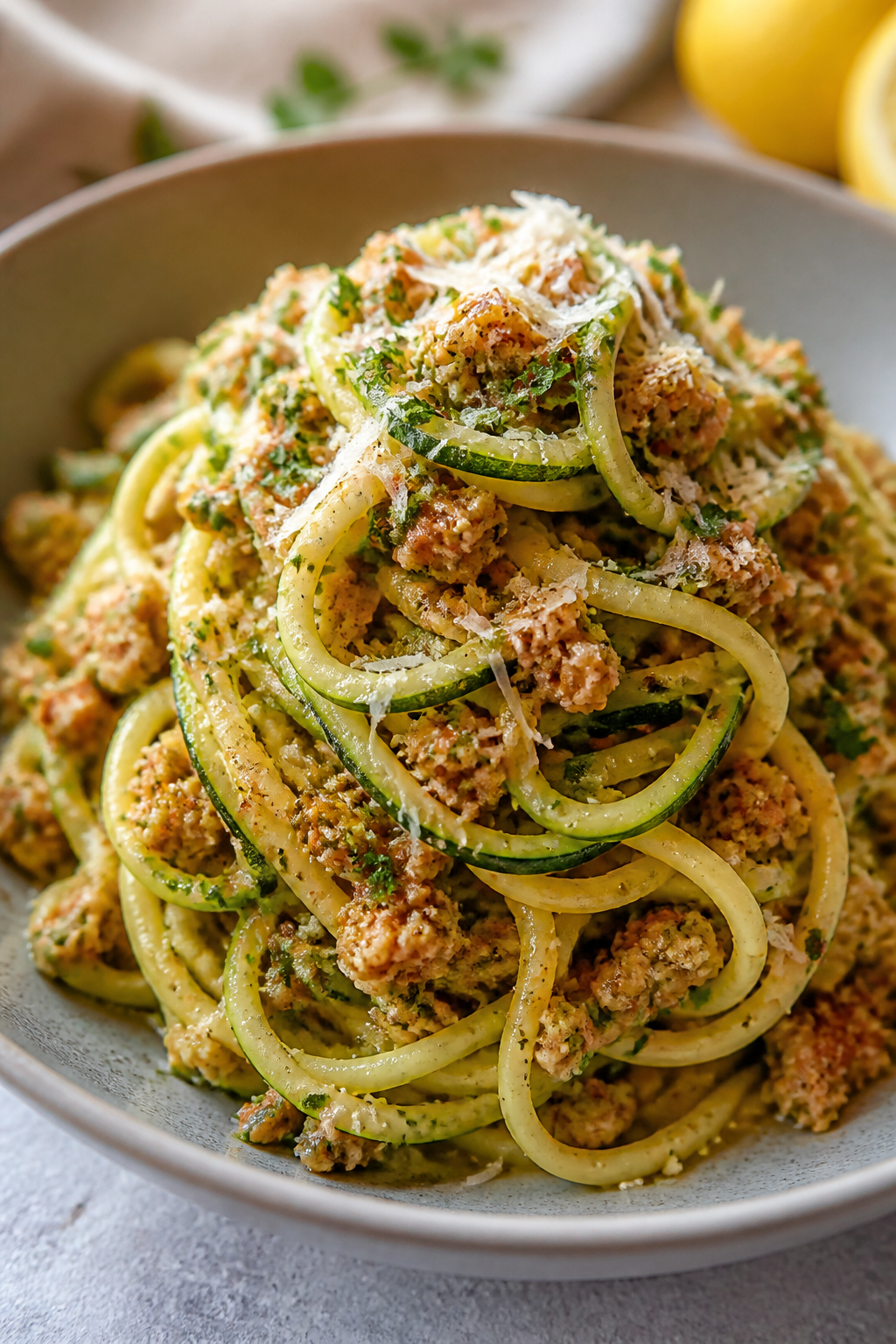 Final plated, close-up beauty: Twirled mound of Garlic Parmesan Zoodles with ground turkey nestled i