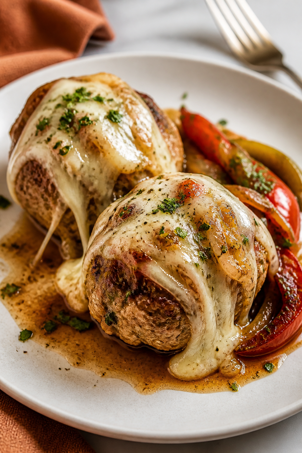 Final plated close-up, : Close-up of two juicy meatballs on a matte white plate, draped in stretchy,