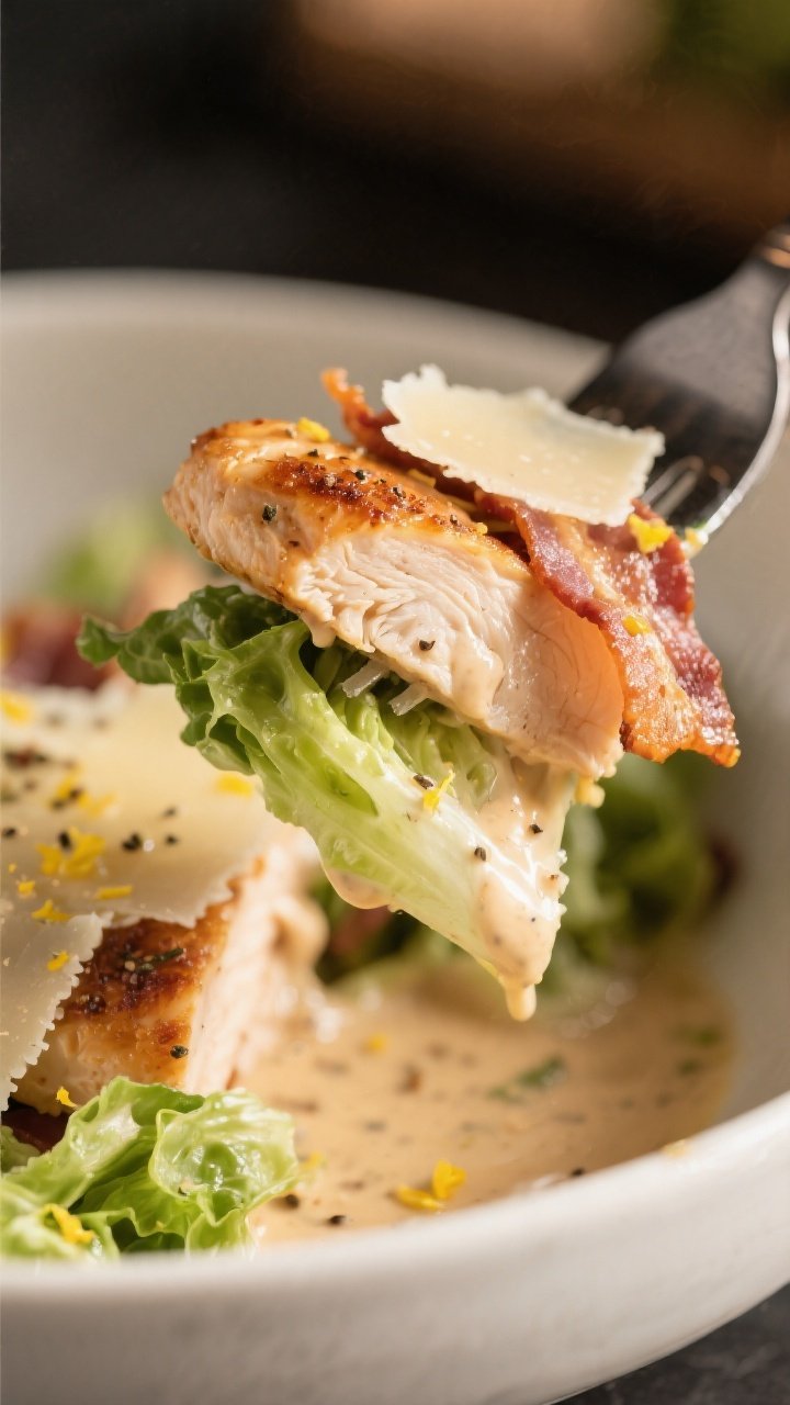 Final plated detail: Extreme close-up of a forkful lifted from the bowl—layered bite showing romai