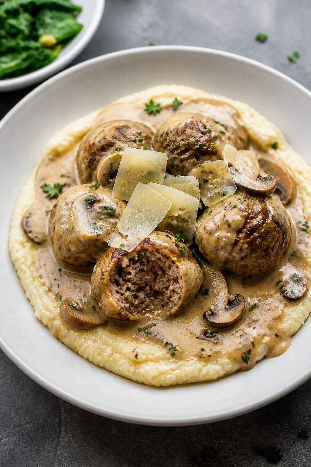 Final plated dish, : Beautifully plated Keto Mushroom Swiss Meatballs on creamy cauliflower mash, ge