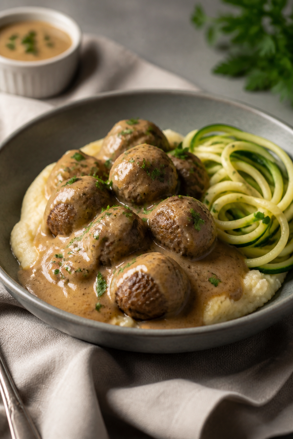 Final plated dish: Beautifully plated Keto Swedish Meatballs over creamy mashed cauliflower in a war