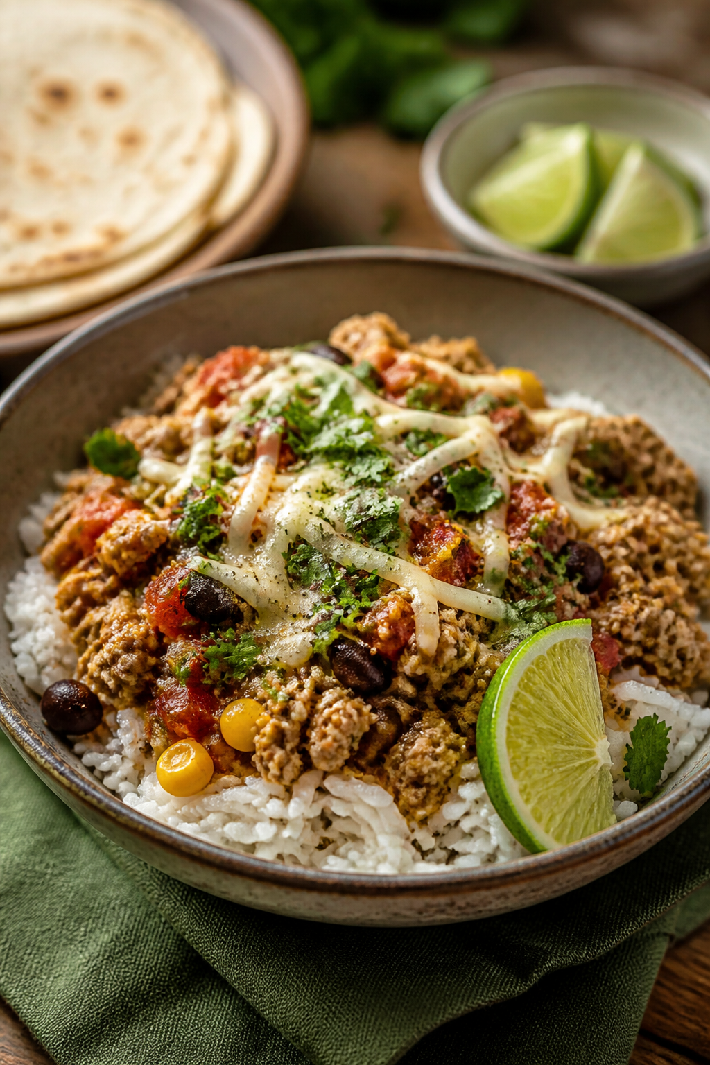 Final plated dish, : Beautifully plated serving of Ground Turkey Green Chile Skillet over fluffy whi