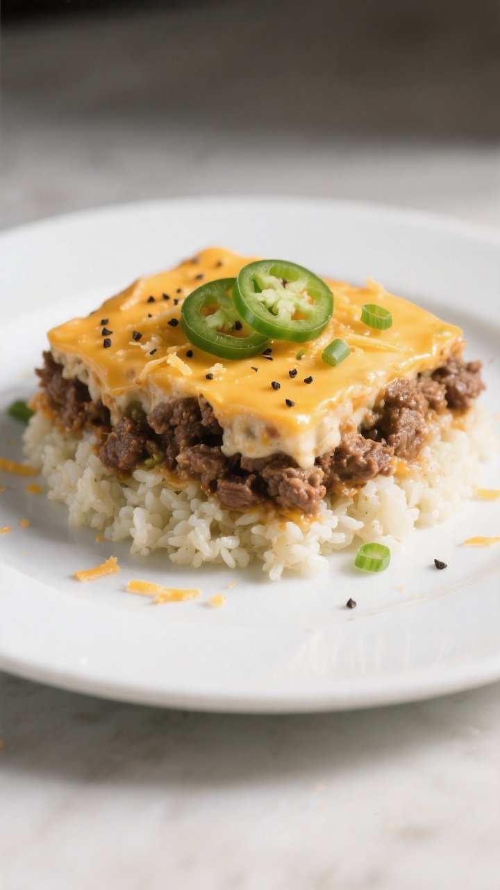 Final plated dish: Beautifully plated square of Keto Crack Beef Casserole over a bed of tender cauli