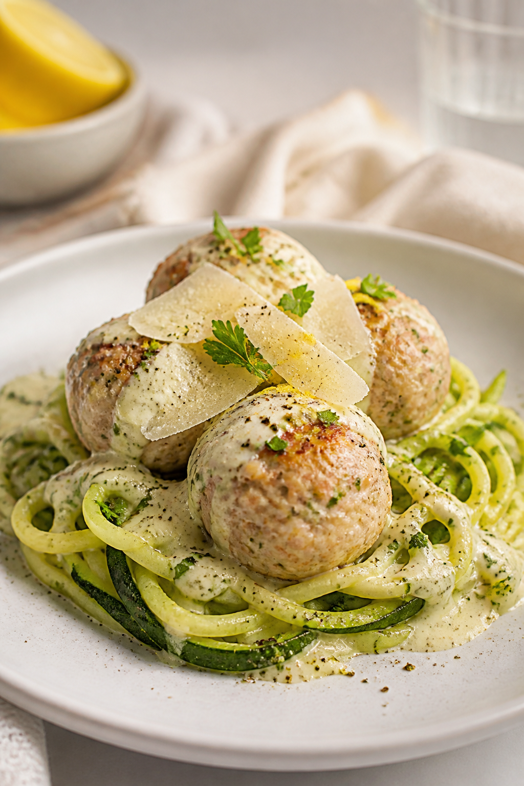 Final plated dish: Beautifully plated turkey meatballs over twirled zucchini noodles on a white cera