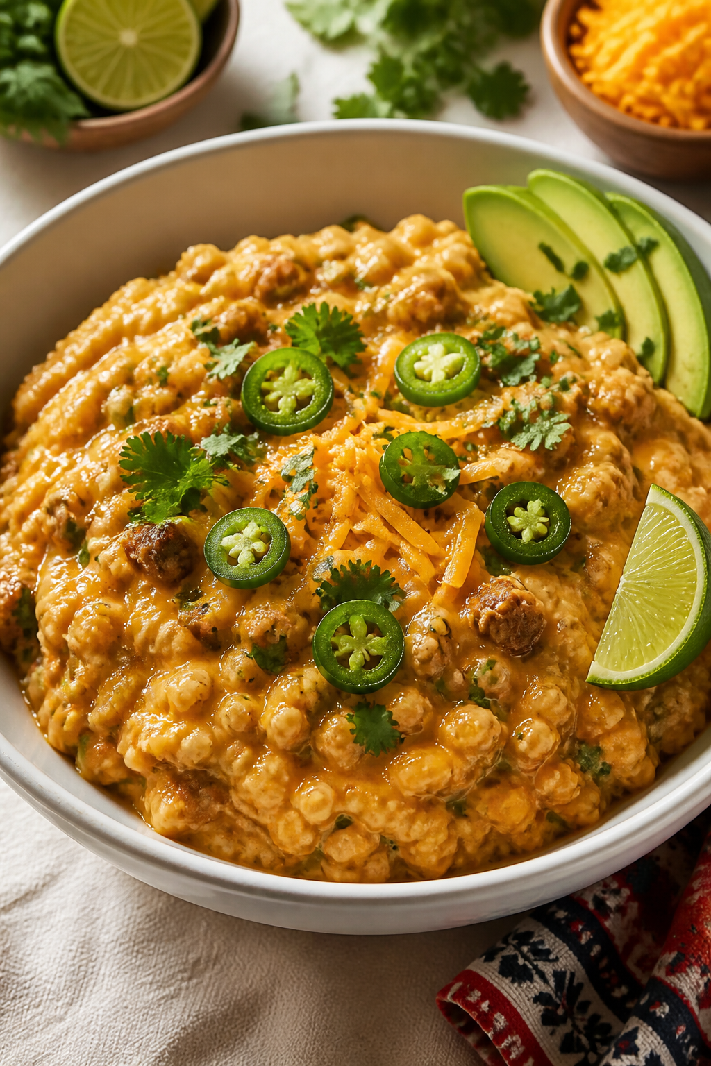 Final plated dish beauty shot: Ground Turkey Queso Cauliflower Rice spooned into a warm, shallow whi