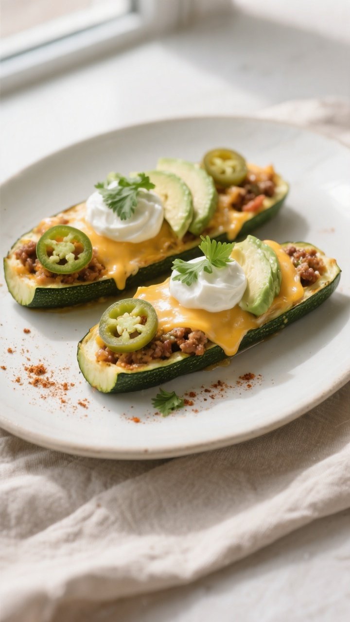 Final plated dish beauty: Two keto taco zucchini boats on a matte white oval plate, cheese perfectly
