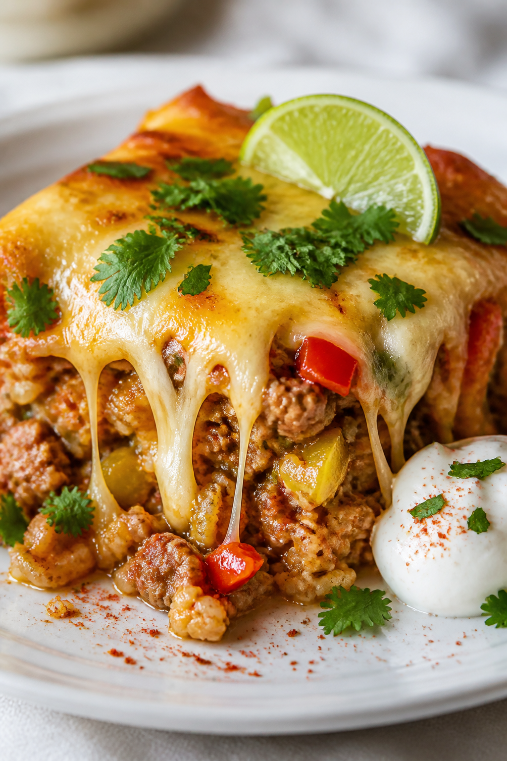 Final plated dish, close-up detail: A generous square of the Ground Turkey Pepper Jack Bake served o
