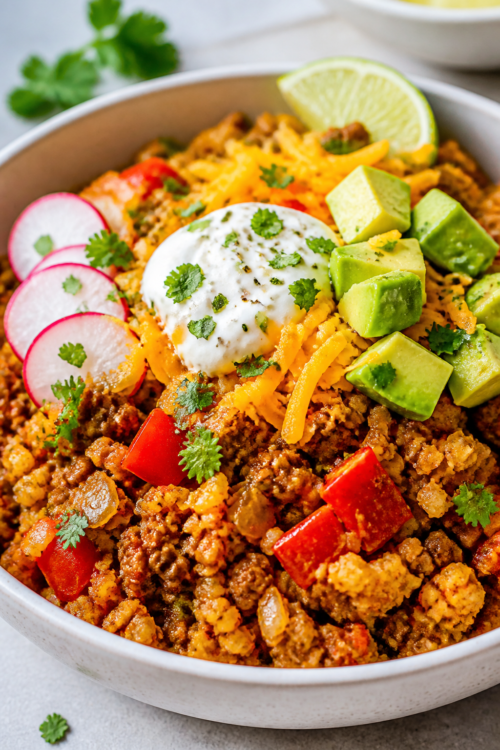 Final plated dish, close-up hero: Beautifully plated bowl of Keto Turkey Taco Cauliflower Rice, tigh