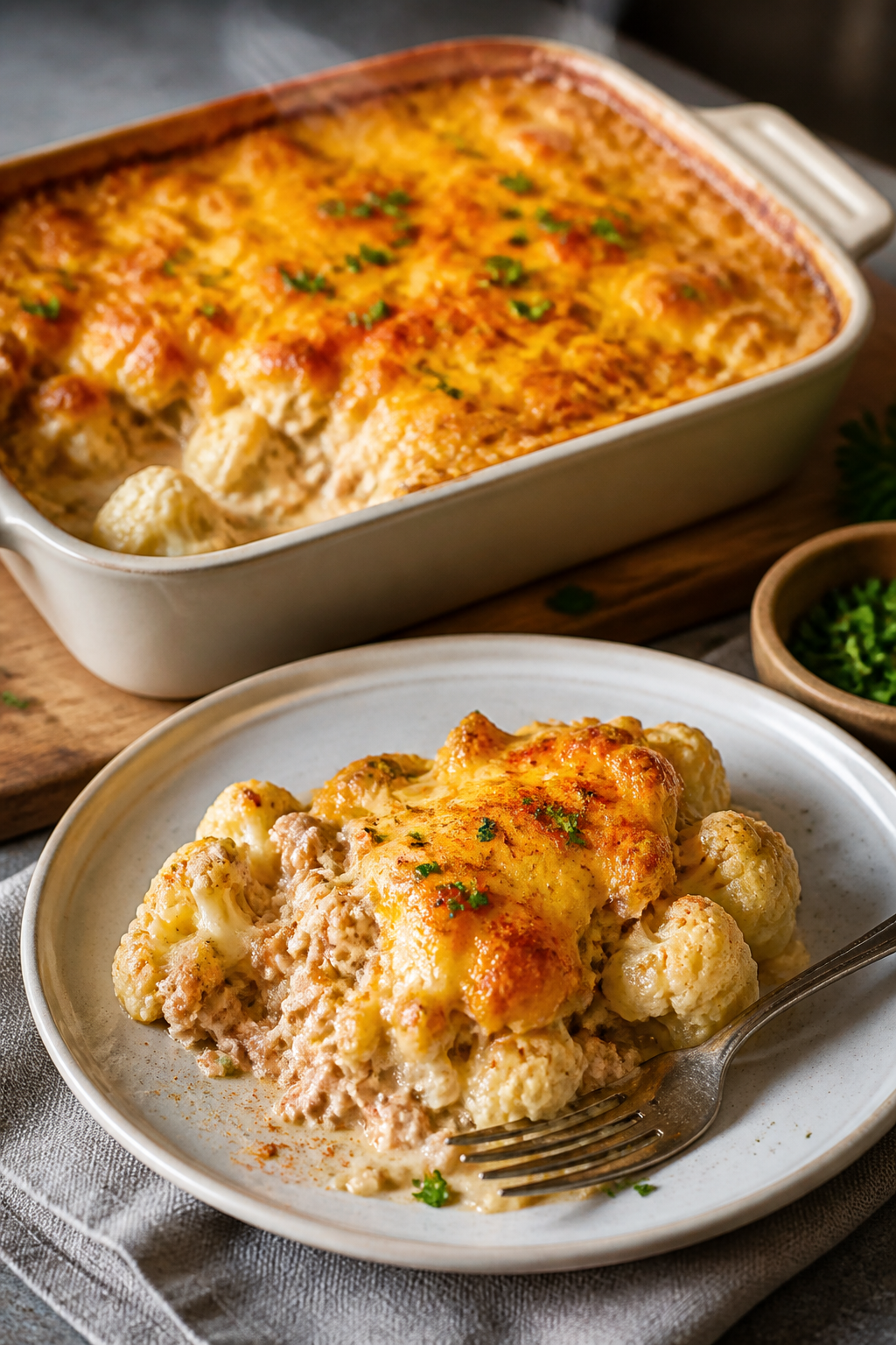 Final plated dish, comfort-forward: Beauty shot of the baked casserole just out of the oven, bubblin
