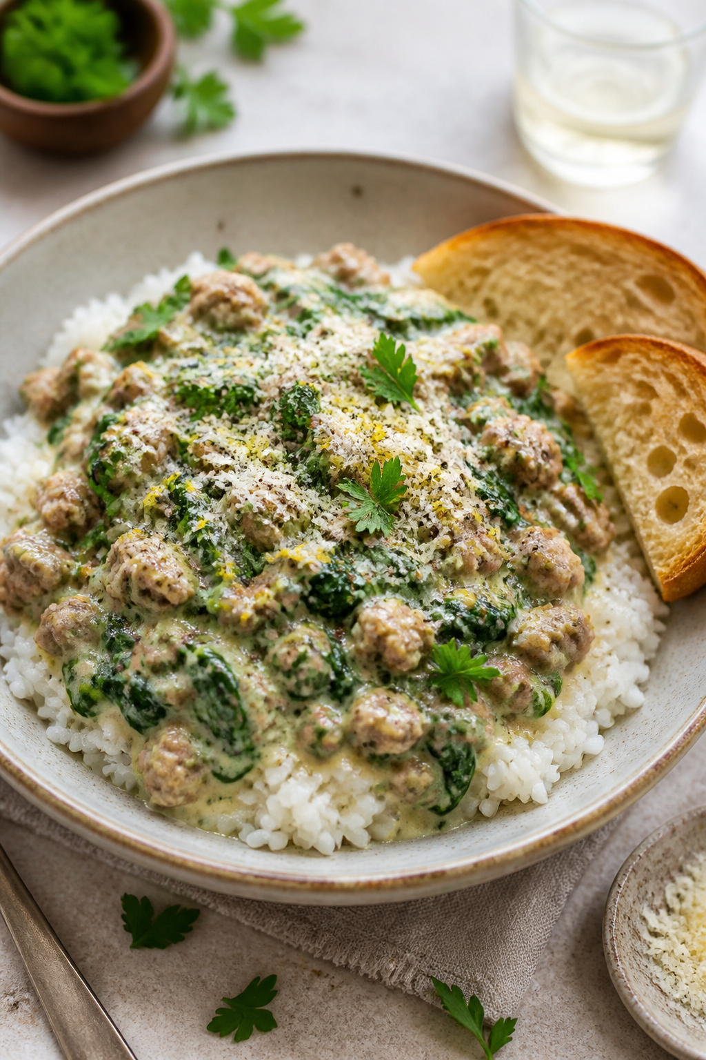Final plated dish, cozy presentation: Beautifully plated bowl of Creamy Spinach Ground Turkey Skille