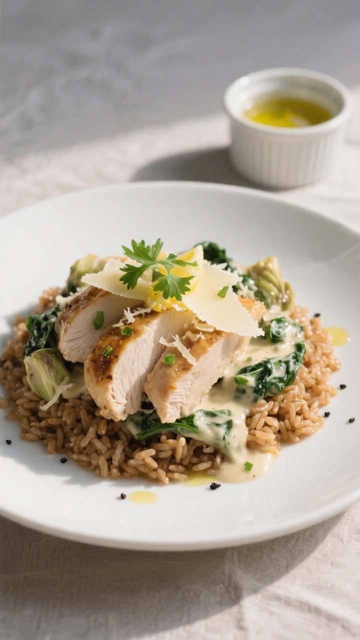 Final plated dish, : Creamy Spinach Artichoke Chicken elegantly plated over a bed of warm brown rice