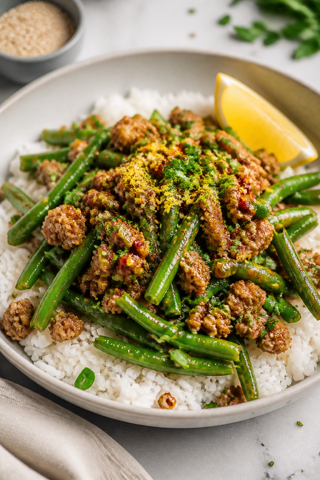 Final plated dish: Ground Turkey Garlic Butter Green Beans spooned over fluffy white rice in a wide,
