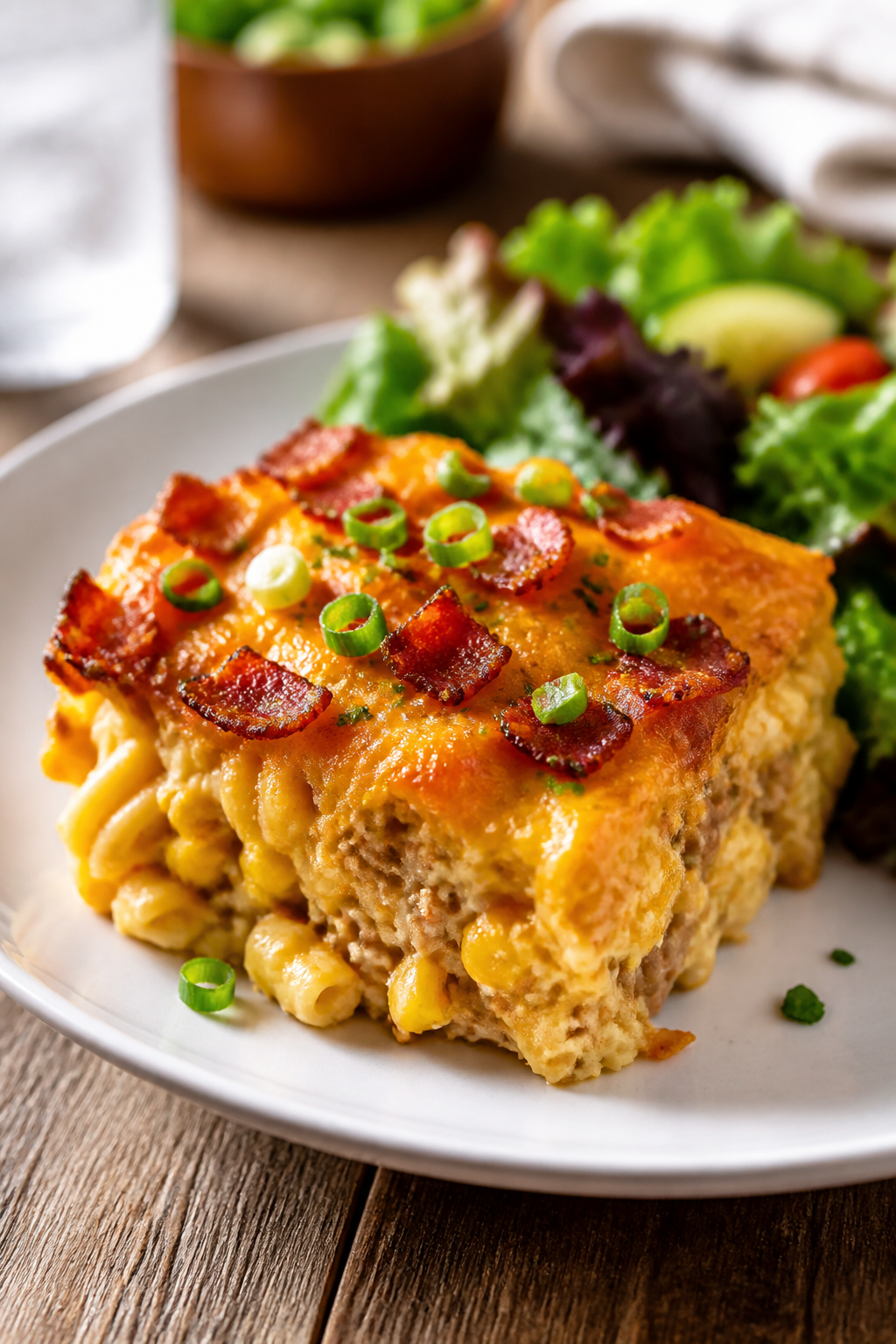 Final plated dish, restaurant-quality: A generous square of baked Ground Turkey Crack Casserole on a